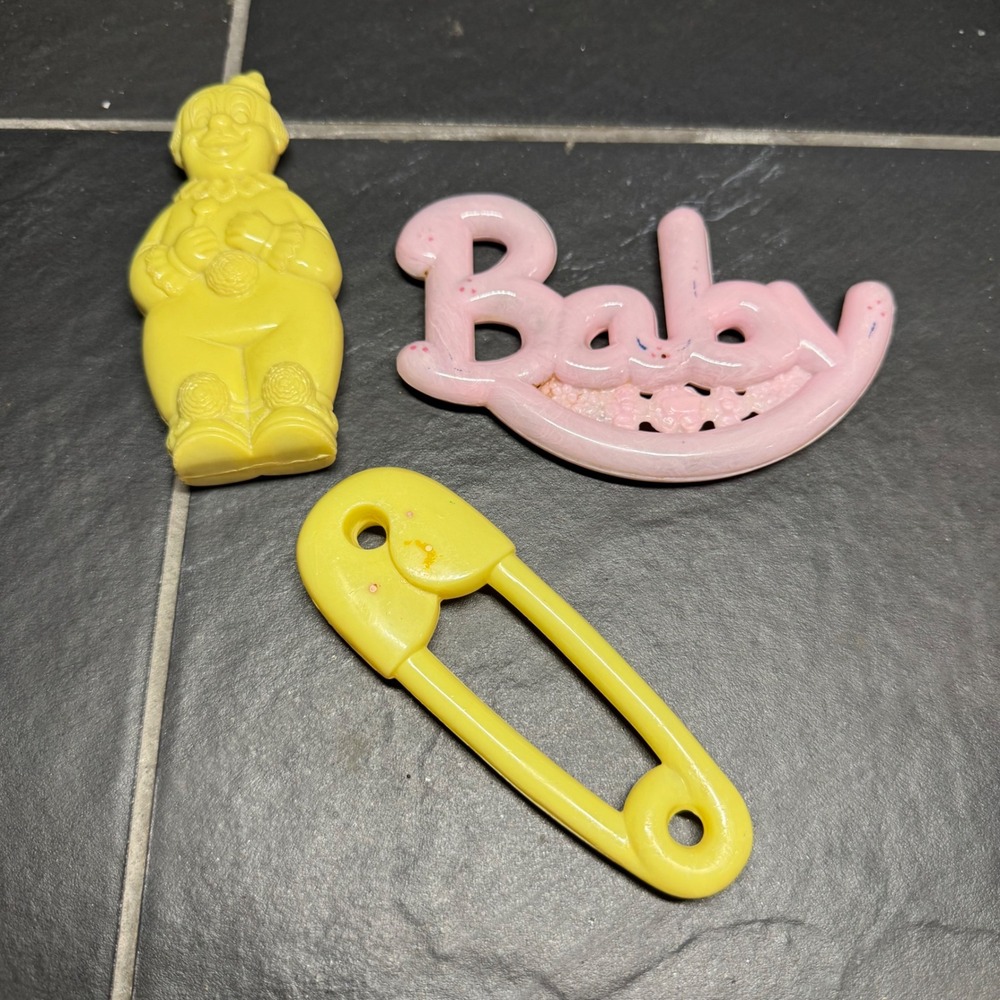 RARE 50s Vintage Celluloid Plastic Baby Rattles Set of 3 Pink Safety Pin Clown